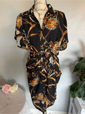 Steps NY Black Gold Chain Print Belted Shirt Dress Size S Old Money